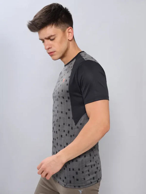 Men Self Design Slim Fit Crew Neck T-shirt with DOUBLE COOL