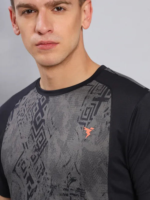 Men Self Design Slim Fit Crew Neck T-shirt with DOUBLE COOL