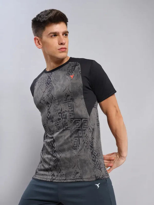 Men Self Design Slim Fit Crew Neck T-shirt with DOUBLE COOL