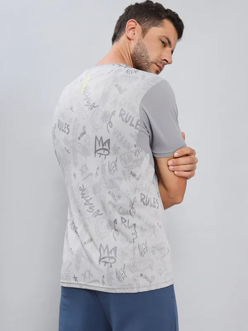 Men Self Design Slim Fit Crew Neck T-shirt with DOUBLE COOL