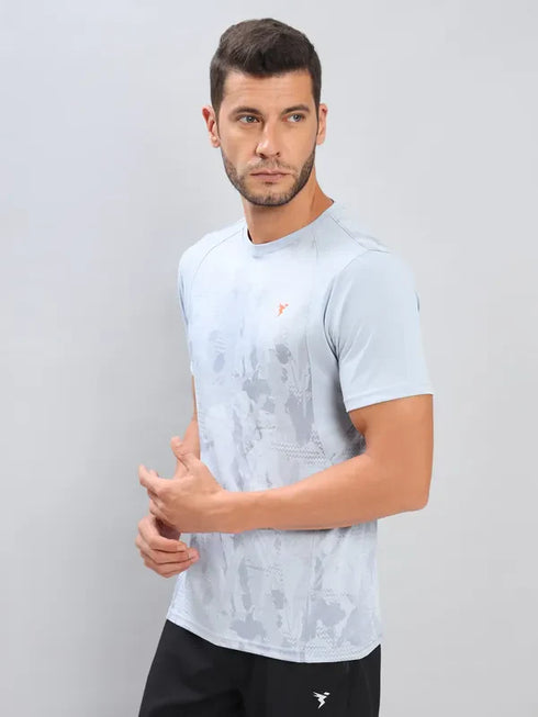 Men Self Design Slim Fit Crew Neck T-shirt with DOUBLE COOL