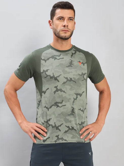 Men Self Design Slim Fit Crew Neck T-shirt with DOUBLE COOL