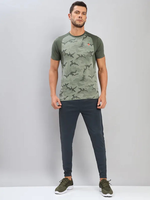 Men Self Design Slim Fit Crew Neck T-shirt with DOUBLE COOL