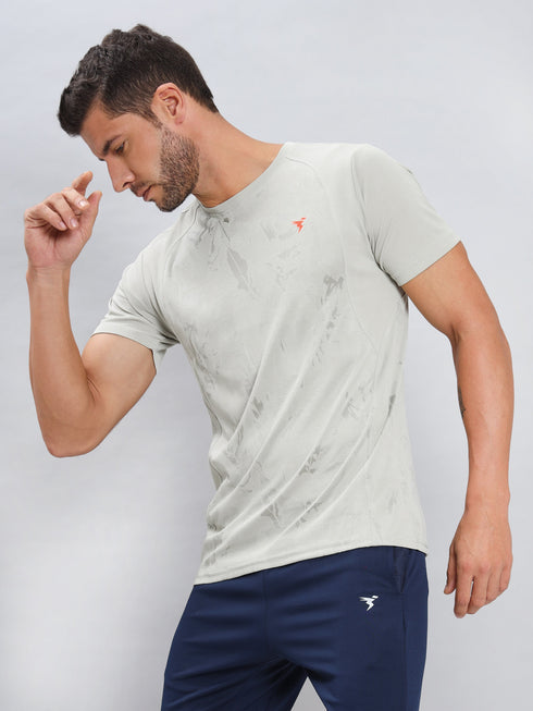 Men Self Design Slim Fit Crew Neck T-shirt with DOUBLE COOL