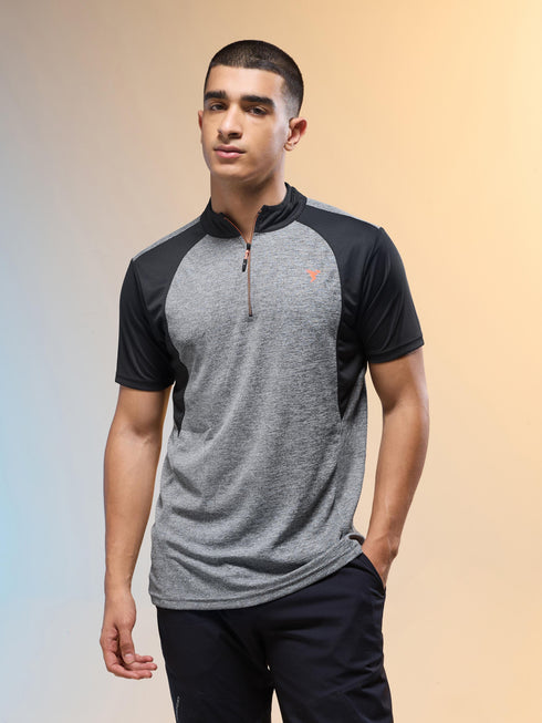 Men Melange Slim Fit Mock Neck T-shirt with TECHNO COOL+