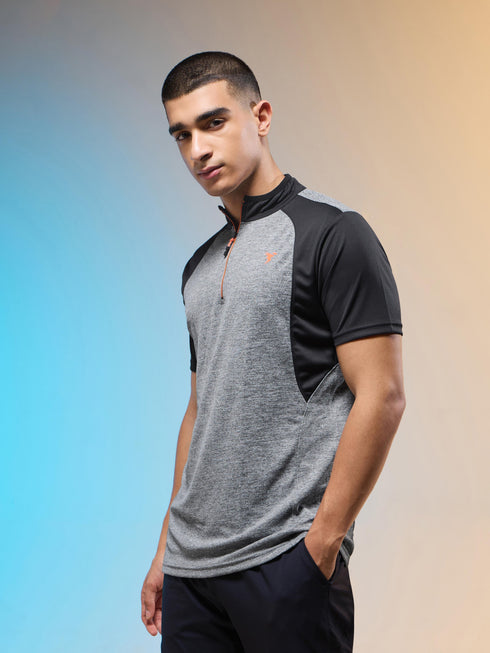 Men Melange Slim Fit Mock Neck T-shirt with TECHNO COOL+