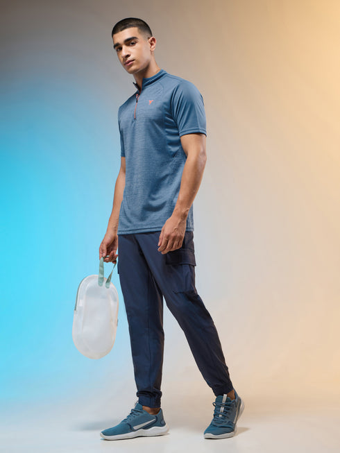 Men Melange Slim Fit Mock Neck T-shirt with TECHNO COOL+