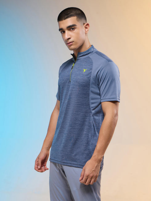 Men Melange Slim Fit Mock Neck T-shirt with TECHNO COOL+