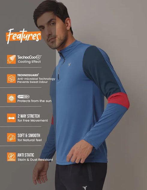 Men Colorblock Slim Fit Mock Neck T-shirt with TECHNO COOL+