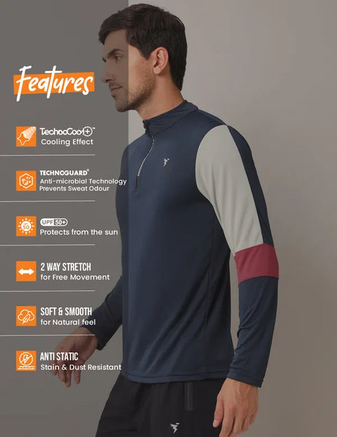Men Colorblock Slim Fit Mock Neck T-shirt with TECHNO COOL+