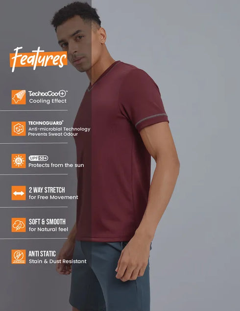 Men Solid Slim Fit V Neck T-shirt with TECHNO COOL+