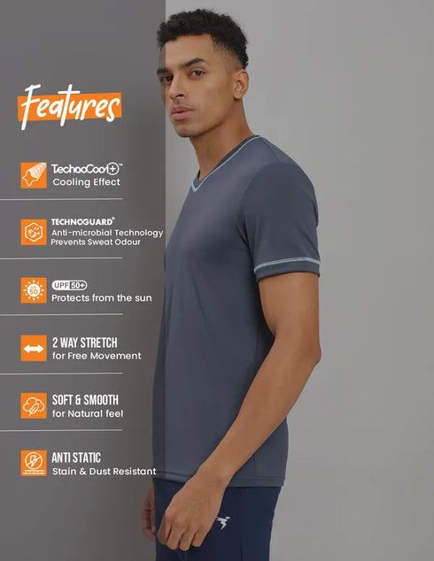 Men Solid Slim Fit V Neck T-shirt with TECHNO COOL+