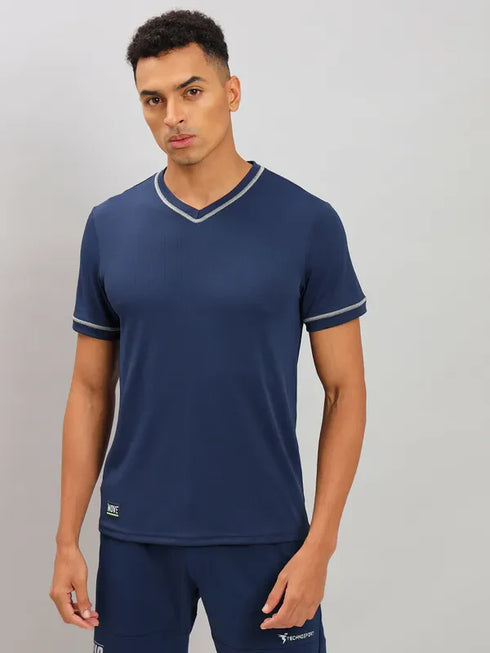 Men Solid Slim Fit V Neck T-shirt with TECHNO COOL+