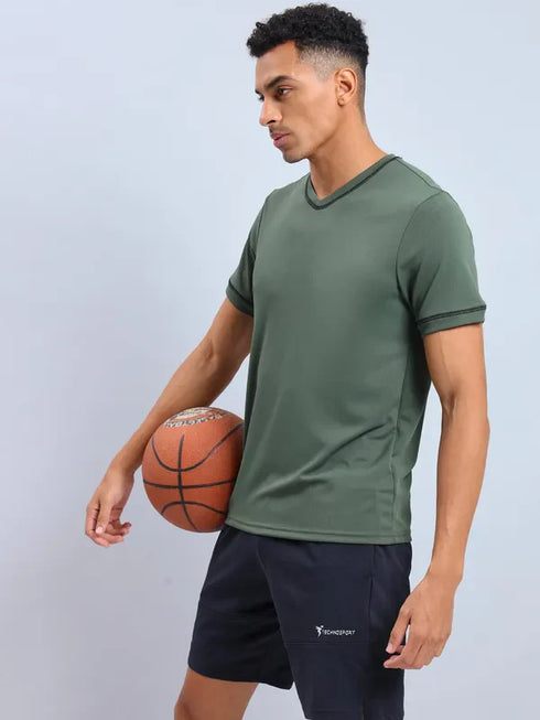 Men Solid Slim Fit V Neck T-shirt with TECHNO COOL+