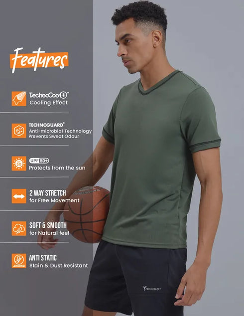 Men Solid Slim Fit V Neck T-shirt with TECHNO COOL+