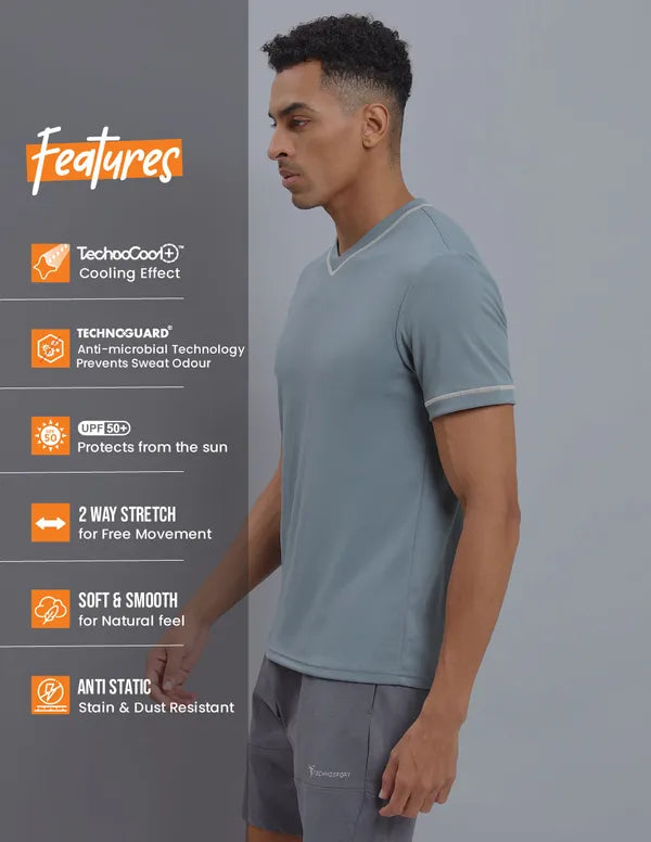 Men Solid Slim Fit V Neck T-shirt with TECHNO COOL+