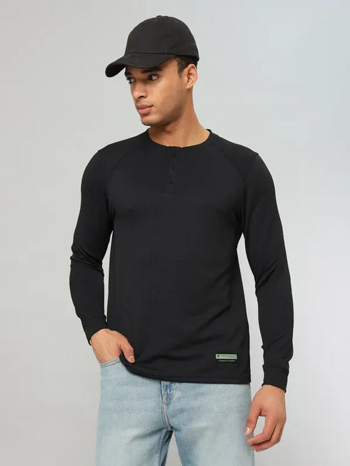Men Self Design Slim Fit Henley Neck T-shirt with MATPIQ