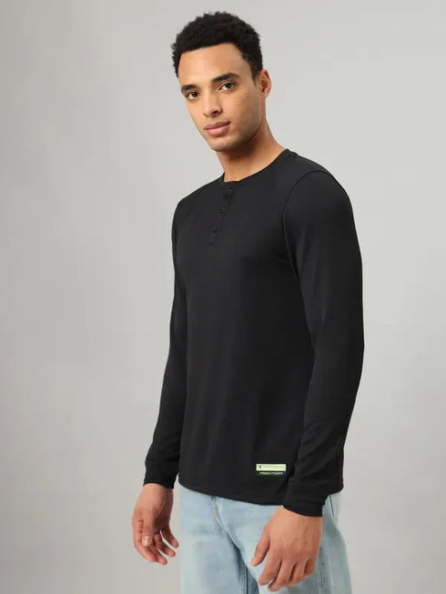 Men Self Design Slim Fit Henley Neck T-shirt with MATPIQ