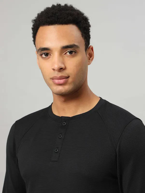 Men Self Design Slim Fit Henley Neck T-shirt with MATPIQ