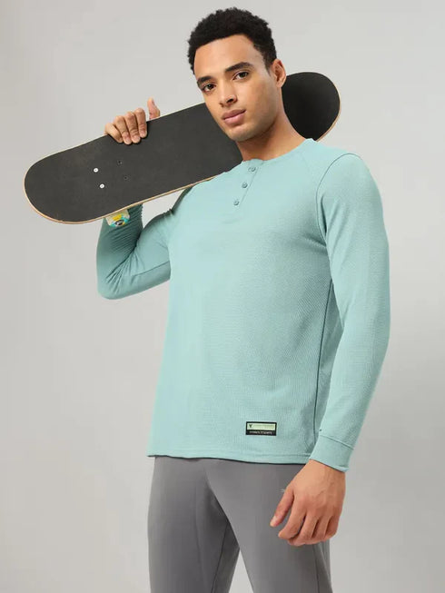 Men Self Design Slim Fit Henley Neck T-shirt with MATPIQ