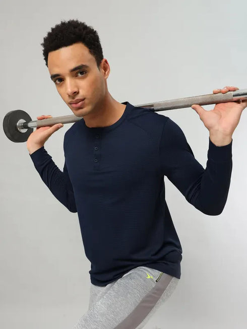 Men Self Design Slim Fit Henley Neck T-shirt with MATPIQ