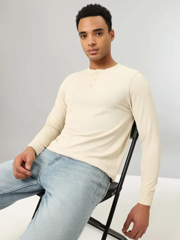 Men Self Design Slim Fit Henley Neck T-shirt with MATPIQ