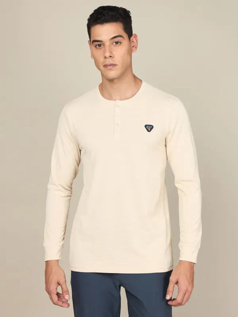 Men Self Design Slim Fit Henley Neck T-shirt with MATPIQ