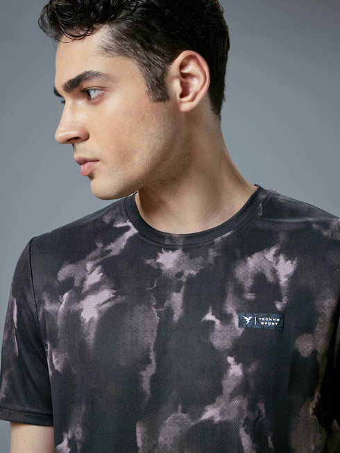 Men Abstract Print Slim Fit Crew Neck T-shirt with TECHNO COOL+