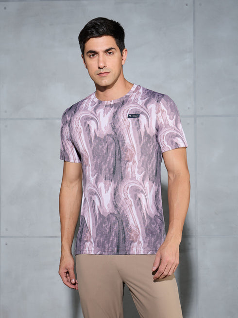 Men Abstract Print Slim Fit Crew Neck T-shirt with TECHNO COOL+