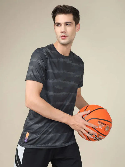 Men Abstract Print Slim Fit Crew Neck T-shirt with TECHNO COOL+
