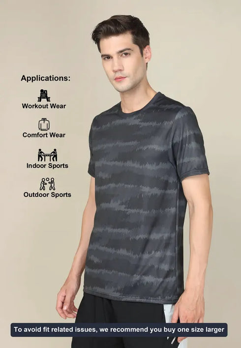 Men Abstract Print Slim Fit Crew Neck T-shirt with TECHNO COOL+