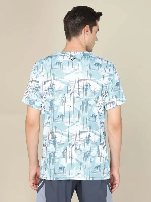 Men Abstract Print Slim Fit Crew Neck T-shirt with TECHNO COOL+