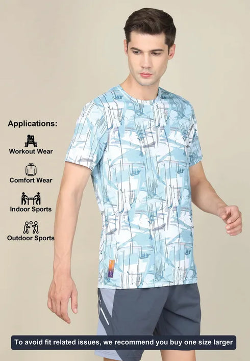 Men Abstract Print Slim Fit Crew Neck T-shirt with TECHNO COOL+