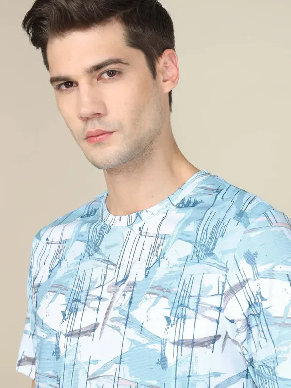 Men Abstract Print Slim Fit Crew Neck T-shirt with TECHNO COOL+