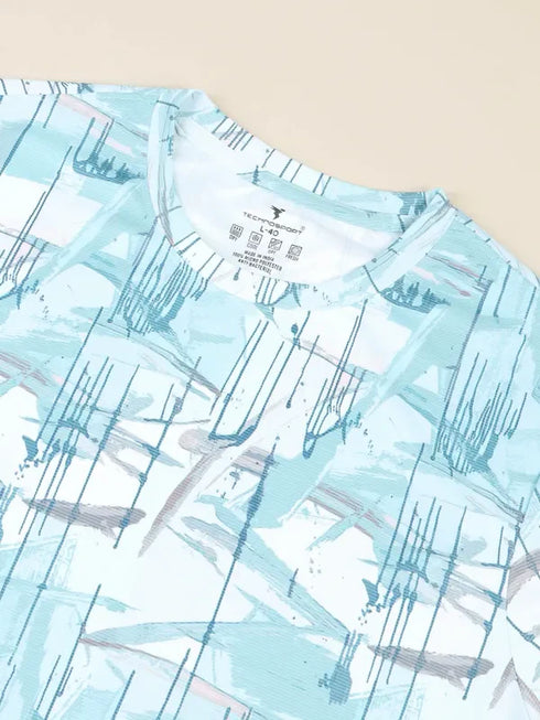Men Abstract Print Slim Fit Crew Neck T-shirt with TECHNO COOL+