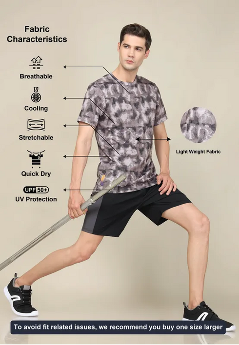 Men Abstract Print Slim Fit Crew Neck T-shirt with TECHNO COOL+