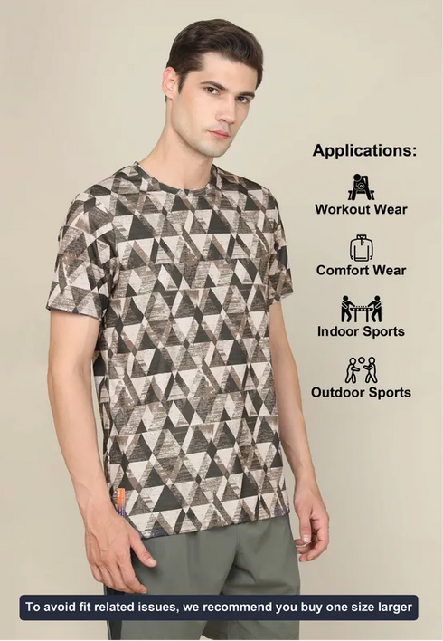 Men Abstract Print Slim Fit Crew Neck T-shirt with TECHNO COOL+