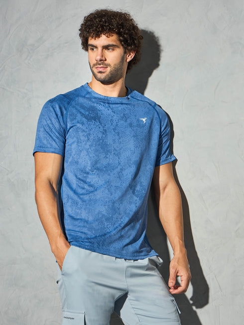 Men Self Design Slim Fit Crew Neck T-shirt with DOUBLE COOL