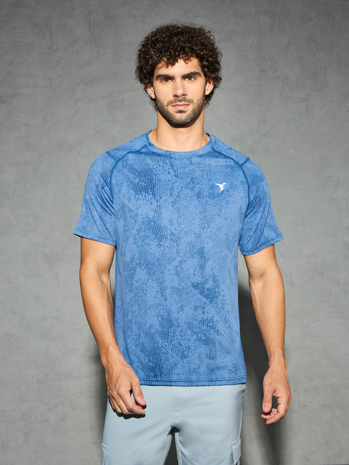Men Self Design Slim Fit Crew Neck T-shirt with DOUBLE COOL
