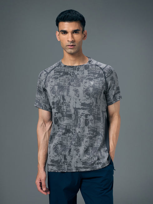 Men Self Design Slim Fit Crew Neck T-shirt with DOUBLE COOL