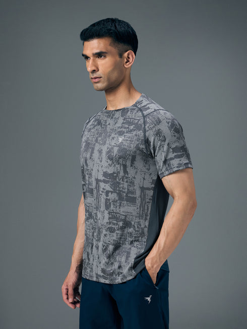 Men Self Design Slim Fit Crew Neck T-shirt with DOUBLE COOL