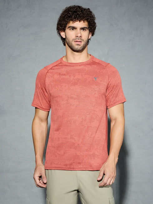 Men Self Design Slim Fit Crew Neck T-shirt with DOUBLE COOL