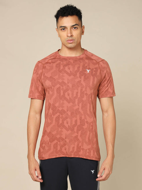 Men Self Design Slim Fit Crew Neck T-shirt with DOUBLE COOL