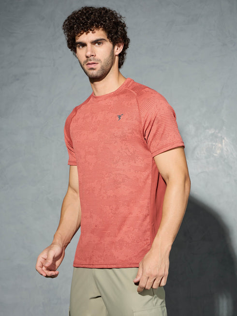 Men Self Design Slim Fit Crew Neck T-shirt with DOUBLE COOL