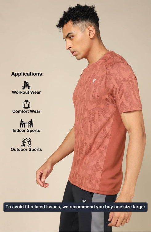Men Self Design Slim Fit Crew Neck T-shirt with DOUBLE COOL