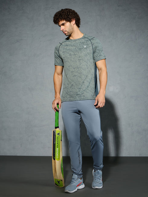 Men Self Design Slim Fit Crew Neck T-shirt with DOUBLE COOL