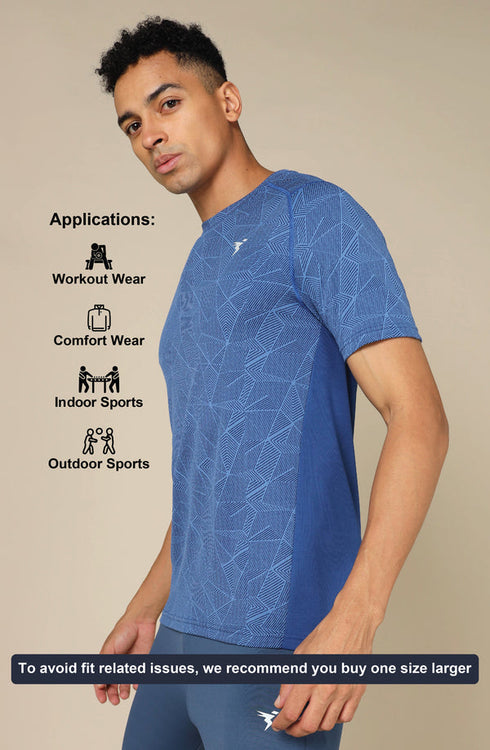 Men Self Design Slim Fit Crew Neck T-shirt with DOUBLE COOL
