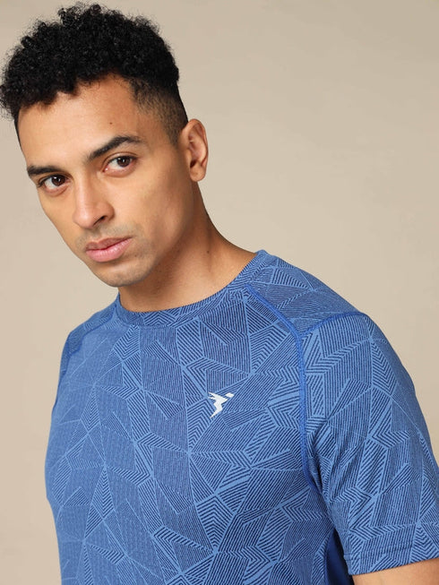 Men Self Design Slim Fit Crew Neck T-shirt with DOUBLE COOL