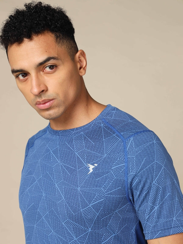 Men Self Design Slim Fit Crew Neck T-shirt with DOUBLE COOL
