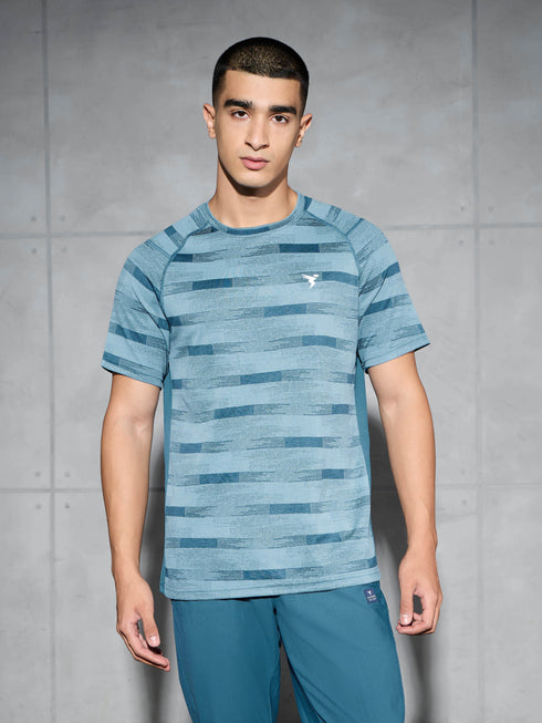 Men Self Design Slim Fit Crew Neck T-shirt with DOUBLE COOL
